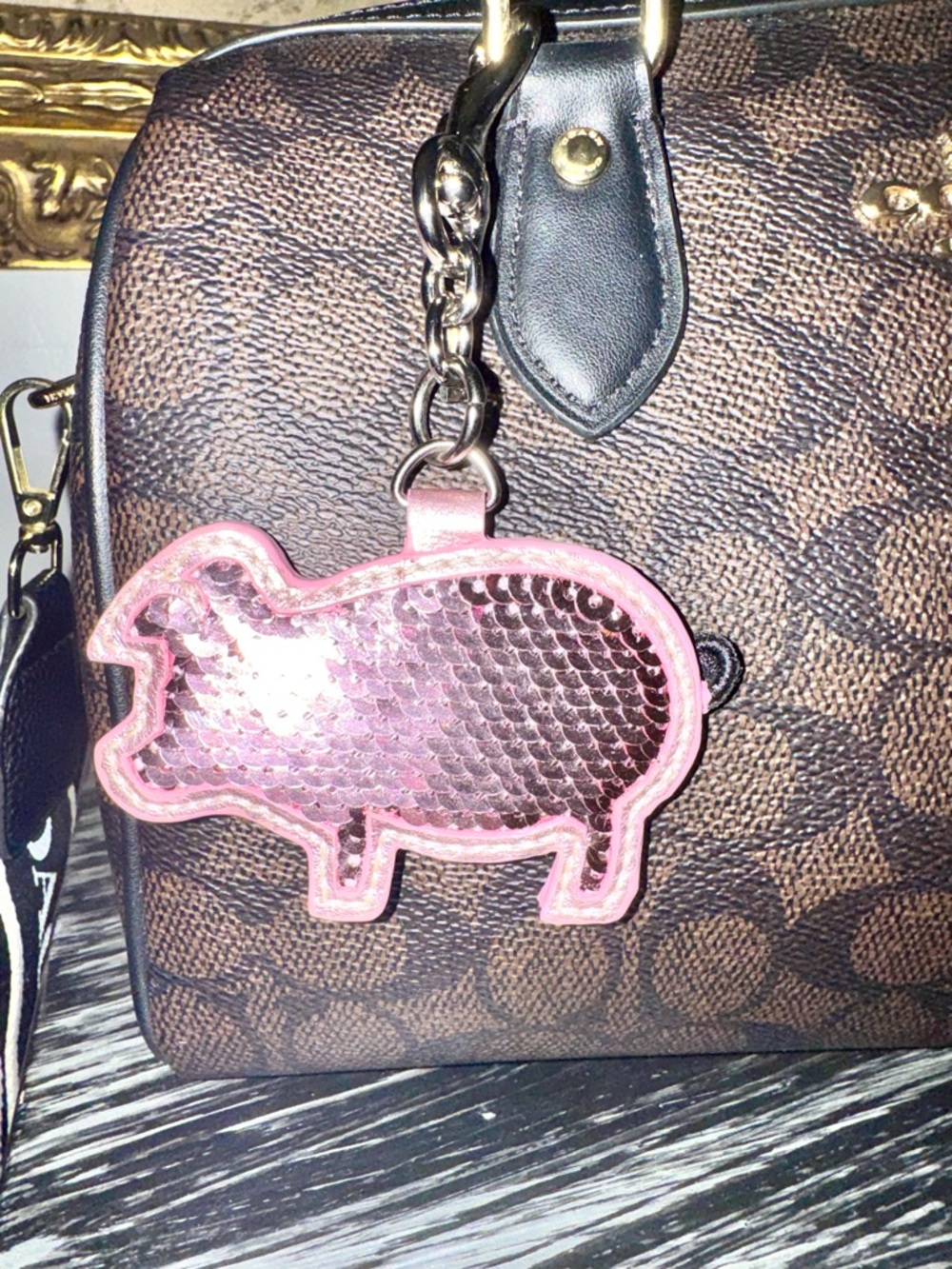 Coach Poppy Pig Bag Charm Keychain with Silver Hardware Pink Sequin - New in Bag - Picture 11 of 15
